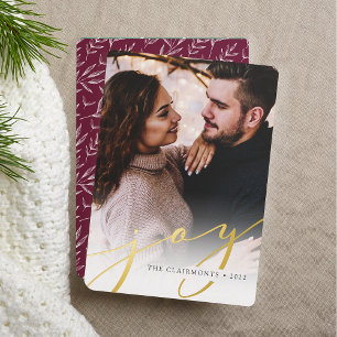Joy Script   Elegant Vertical Christmas Foil Holiday Card