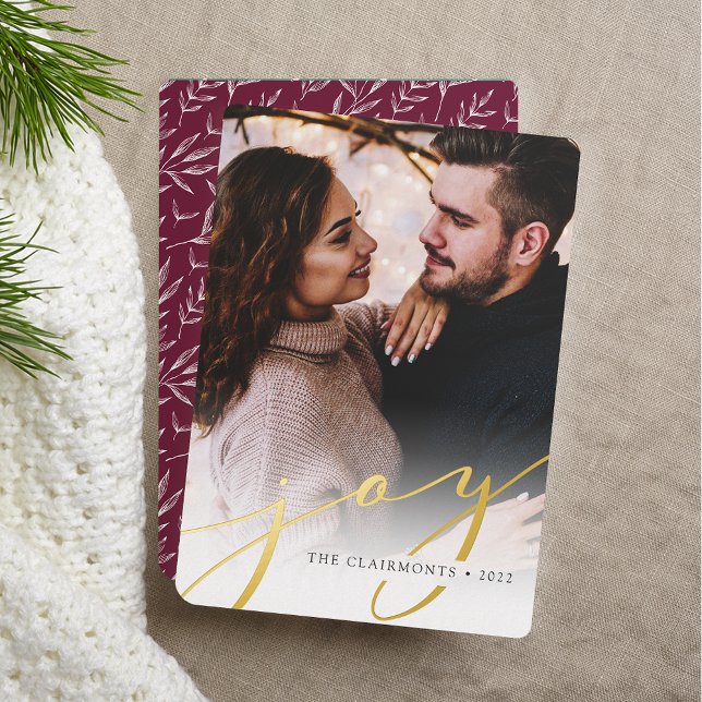 Joy Script | Elegant Vertical Christmas Foil Holiday Card (Creator Uploaded)