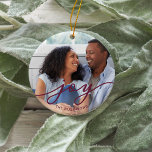 Joy Script | Family Name Double Sided Photo Ceramic Ornament<br><div class="desc">Simple and elegant holiday ornament features a photo on each side with "joy" overlaid in burgundy plum script lettering. Personalized with the year beneath on one side,  and your family name on the other.</div>