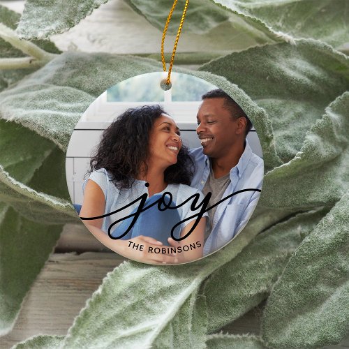 Joy Script  Family Name Double Sided Photo Ceramic Ornament