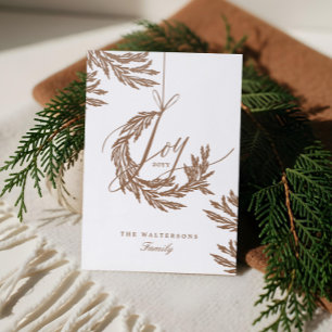 Joy Script Garland Wreath Family Photo Christmas Letterpress Photo Cards