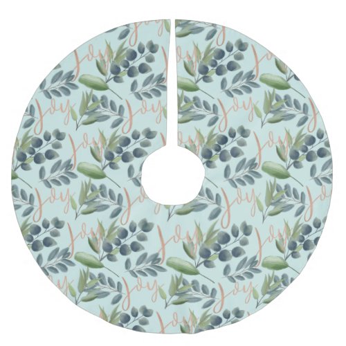 Joy Script Green Sage Floral Foliage Christmas Brushed Polyester Tree Skirt