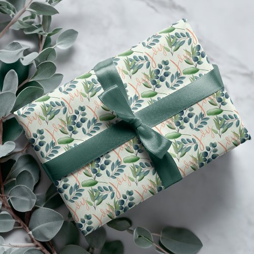 Joy Script Green Sage Floral Foliage Christmas Wrapping Paper