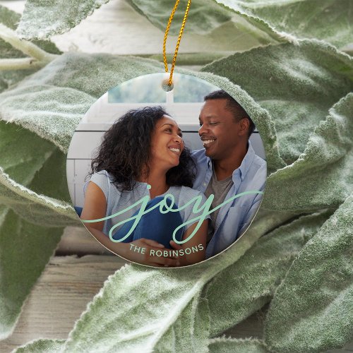 Joy Script  Photo Ceramic Ornament