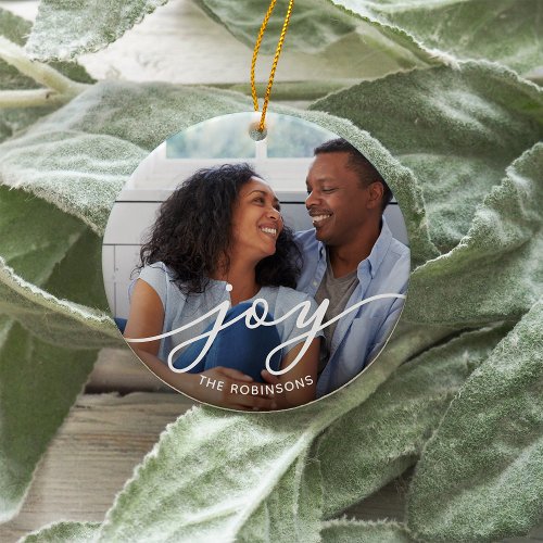 Joy Script  Photo Ceramic Ornament