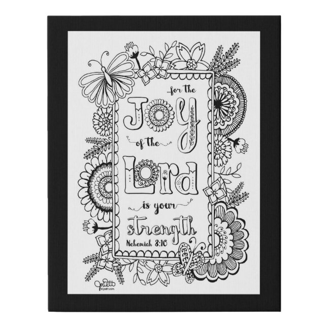 Joy Scripture Bible Verse Cute Black White Floral Faux Canvas Print (Front)