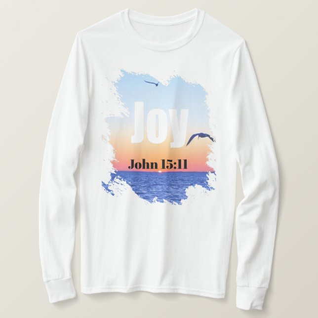 Joy Scripture Glowing Sunset Over Water T-Shirt (Design Front)