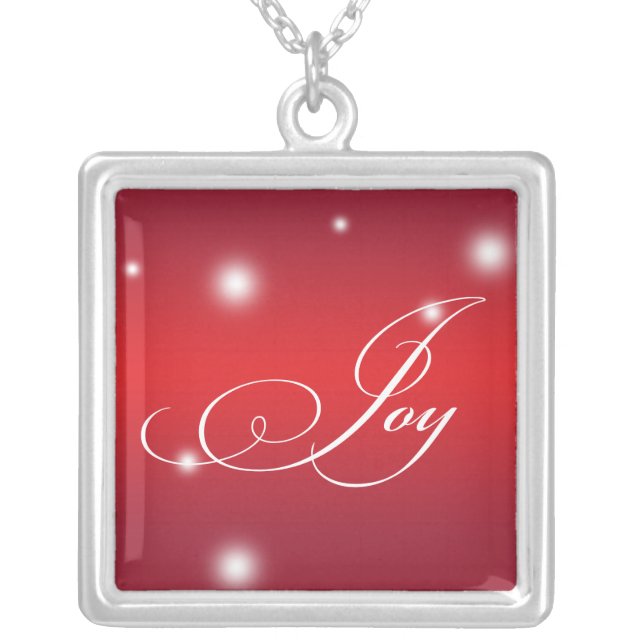 JOY sentiment elegant script red glow keepsake Silver Plated Necklace (Front)