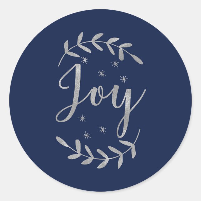 JOY Silver Blue Botanical Leaf Modern Holiday Classic Round Sticker (Front)