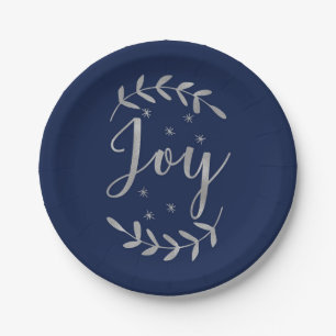 JOY Silver Blue Botanical Leaf Modern Holiday Paper Plates