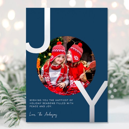 Joy Silver foil Blue elegant minimalist Christmas Foil Holiday Card