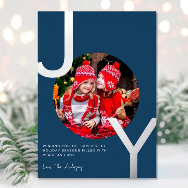 Joy Silver foil Blue elegant minimalist Christmas Foil Holiday Card (Creator Uploaded)