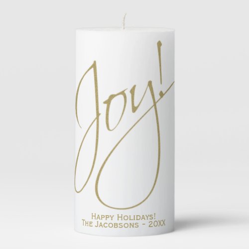 Joy Simple Elegant Gold  White Christmas Holiday Pillar Candle