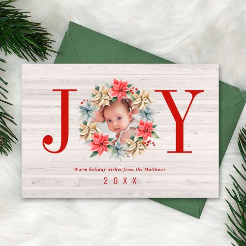 Joy Simple Farmhouse Poinsettia Wreath and Photo Holiday Card