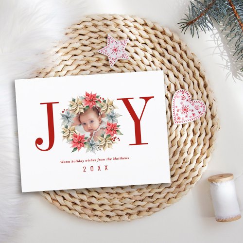 Joy Simple Farmhouse Poinsettia Wreath and Photo Holiday Postcard