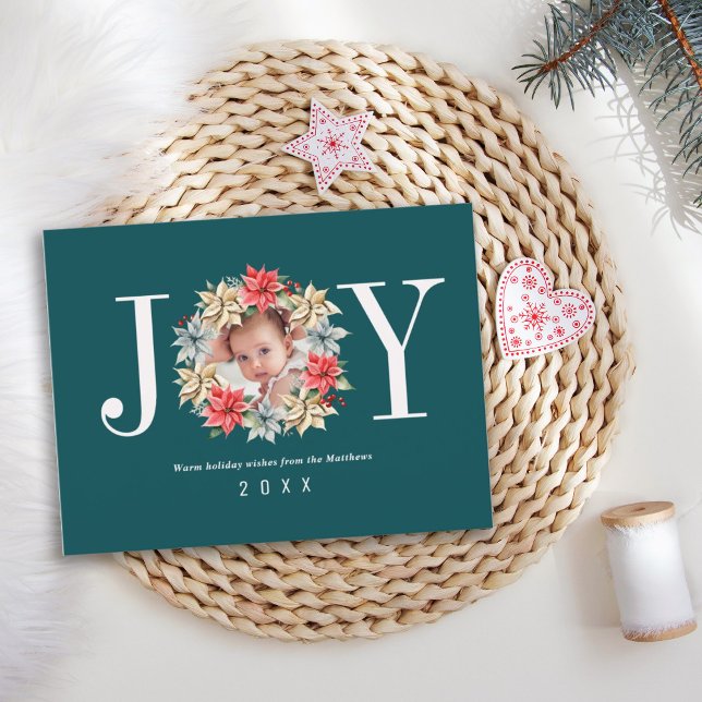 Joy Simple Farmhouse Poinsettia Wreath and Photo Holiday Postcard (Creator Uploaded)