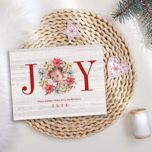 Joy Simple Farmhouse Poinsettia Wreath and Photo Holiday Postcard