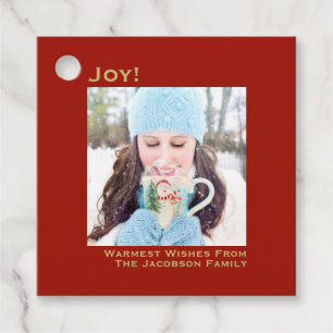 Joy! Simple Red & Gold Minimalist Photo Christmas Favor Tags