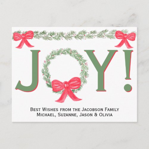 Joy Simple Watercolor Wreath  Garland with Bows Holiday Postcard