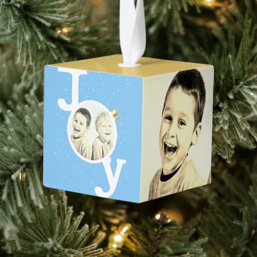 Joy sky blue sandy yellow summer Christmas photo Cube Ornament