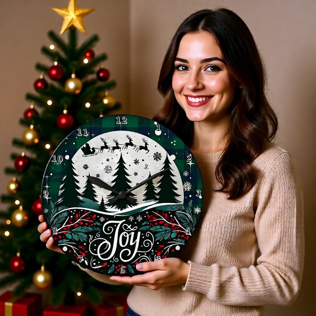 Joy Sleigh Plaid Night Large Clock (Creator Uploaded)