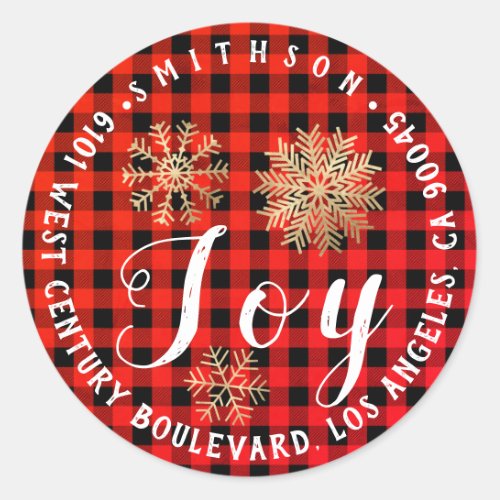 Joy Snow Christmas Return RSVP Buffalo Plaid Check Classic Round Sticker