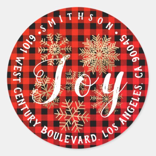 Joy Snow Christmas Return RSVP Buffalo Plaid Check Classic Round Sticker