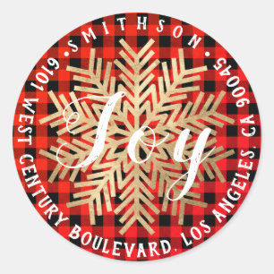 Joy Snow Christmas Return RSVP Buffalo Plaid Warm Classic Round Sticker
