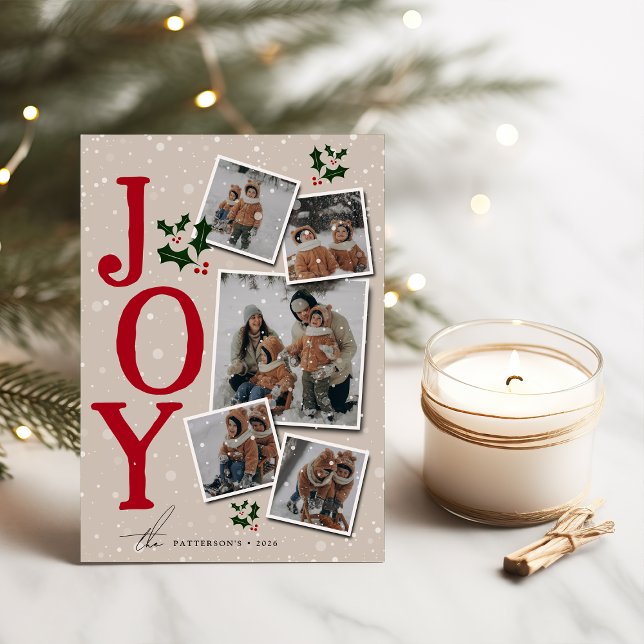 JOY Snow Overlay 5 Photo Collage Christmas Holiday Card (Creator Uploaded)