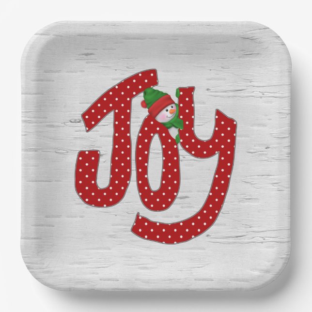 Joy Snowman on White Birch Paper Plates (Front)