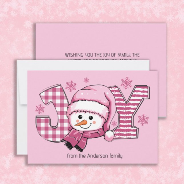 Joy Snowman Pink White Christmas Holiday Card (Cute Christmas holiday snowman and snowflakes, "JOY" greeting card customized with your own text)