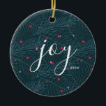 Joy Spruce Foliage With Berries Custom Christmas Ceramic Ornament<br><div class="desc">The word joy is in a beautiful modern script overlayed on an original spruce foliage with berries illustration. In blues,  greens and reds. Customize the year. Makes a wonderful holiday or Christmas gift.</div>