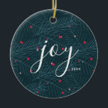 Joy Spruce Foliage With Berries Custom Christmas Ceramic Ornament<br><div class="desc">The word joy is in a beautiful modern script overlayed on an original spruce foliage with berries illustration. In blues,  greens and reds. Customize the year. Makes a wonderful holiday or Christmas gift.</div>