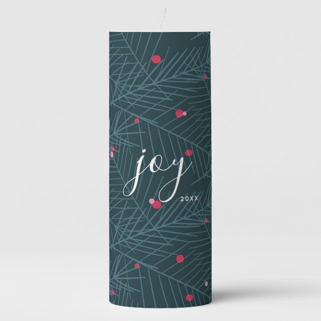 Joy Spruce Foliage With Berries Custom Christmas Pillar Candle (Front)