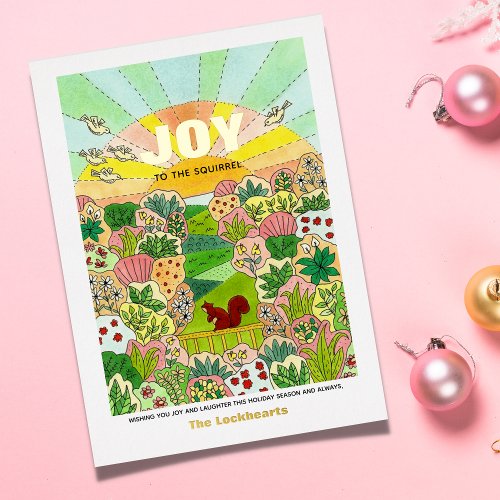 Joy Squirrel Non_Traditional Foil Holiday Postcard