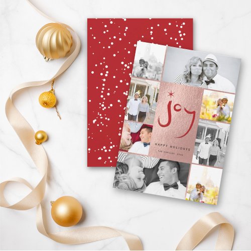 Joy  Star Brush Script Faux Foil Stylish 6 Photo Holiday Card