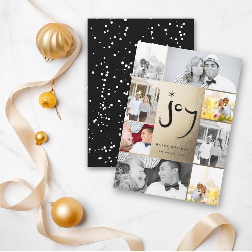 Joy  Star Brush Script Faux Foil Stylish 6 Photo Holiday Card