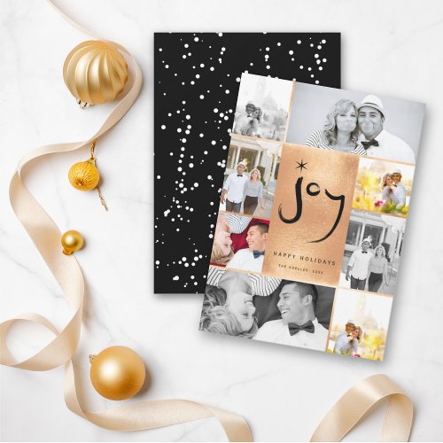 Joy  Star Brush Script Faux Foil Stylish 6 Photo Holiday Card