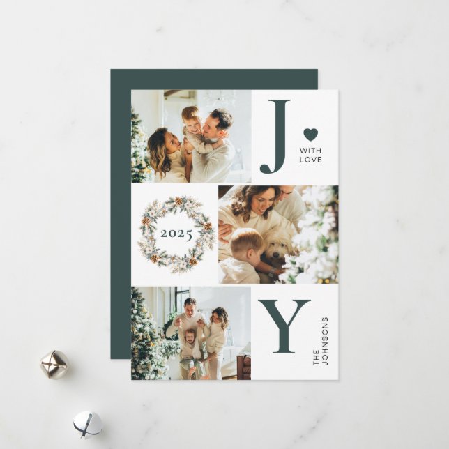Joy Stylish 3 Photo Collage | Dark Green Christmas Holiday Card (Front/Back In Situ)