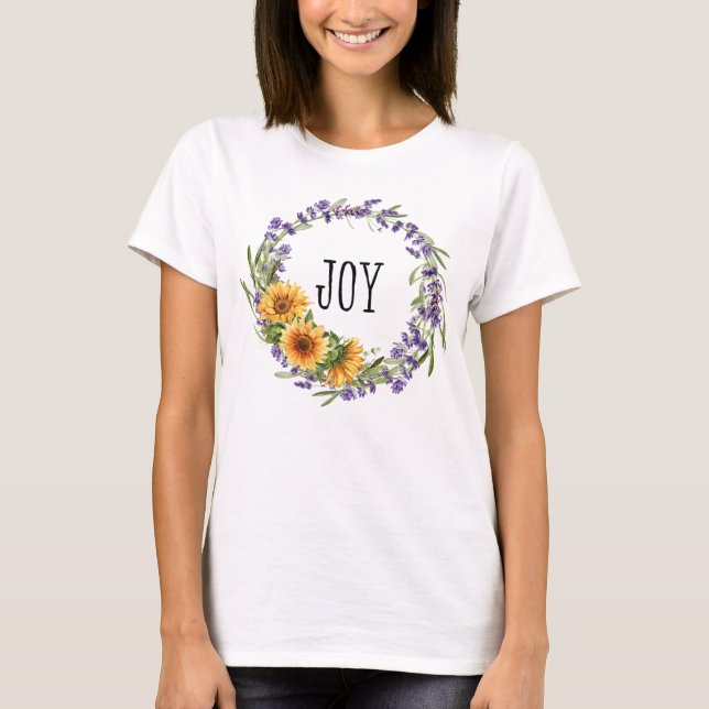 Joy Sunflower & Lavender Floral Wreath T-Shirt (Front)