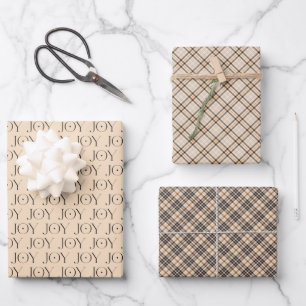 Joy Tan Tartan Plaid Pattern Christmas Wrapping Paper Sheets