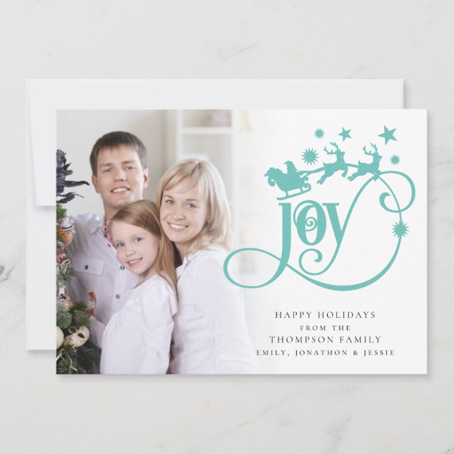Joy Teal Santa Sleigh Script Photo Christmas Holiday Card (Front)