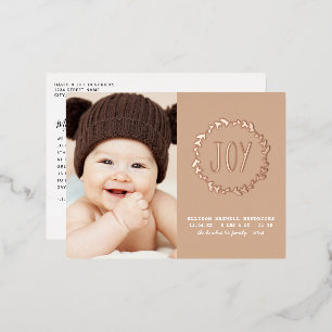 Joy Terracotta & Rose Gold New Baby 1-Photo Foil Holiday Postcard