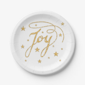 JOY Text Faux Gold Glitter Look With Stars Paper Plates