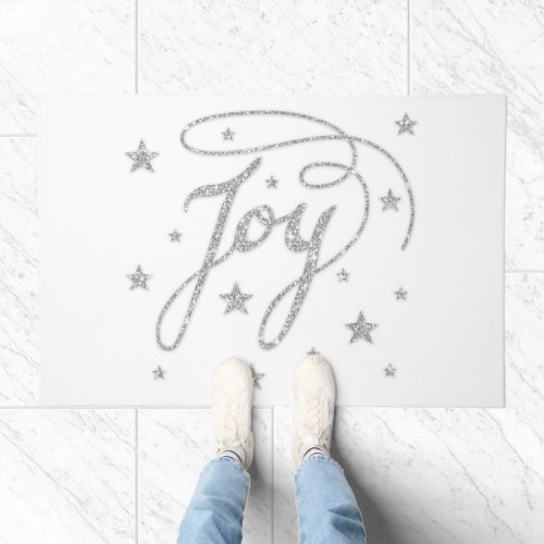 JOY Text Faux Silver Glitter Look Christmas Doormat