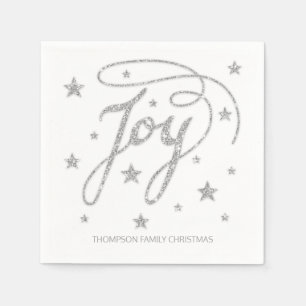 JOY Text Faux Silver Glitter Look & Custom Title Paper Napkins