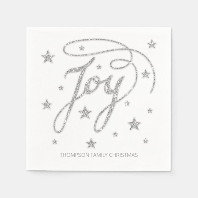 JOY Text Faux Silver Glitter Look & Custom Title Paper Napkins (Front)
