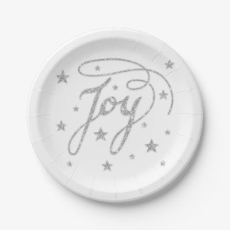 JOY Text Faux Silver Glitter Look With Stars Paper Plates