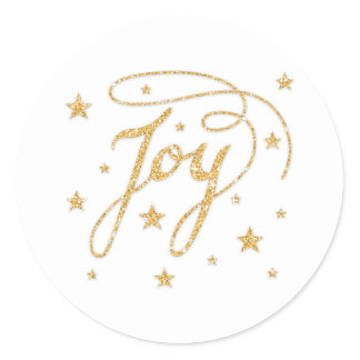 JOY Text In Faux Gold Glitter Look With Stars Classic Round Sticker