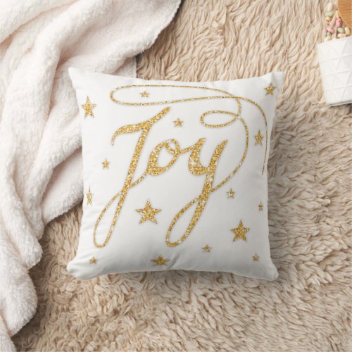 JOY Text In Faux Golden Yellow Glitter Look Stars Throw Pillow